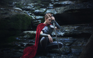 Woman red cape forest sitting - armor free wallpaper for desktop