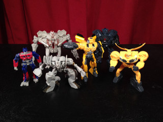 Toy figures table red curtain - robot free wallpaper