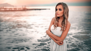 Woman white dress ocean crossed - her arm free wallpaper for desktop