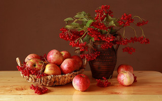 Basket apples berries flower vase - the table free wallpaper for desktop