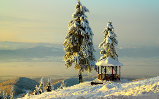 Gazebo snow trees mountain winter - edi rama free wallpaper