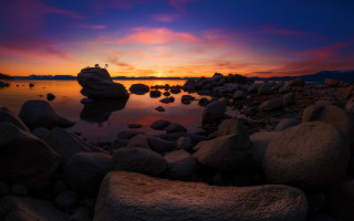 Sunset lake rocks birds cloudy - the rock free wallpaper