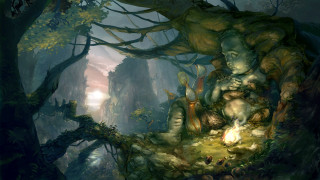 Man tree stump forest fire - matte fantasy painting free wallpaper for desktop