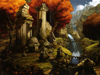 Forest waterfall castle background painting - a waterfall in the foreground free wallpaper