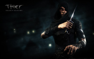 Man hooded outfit holding knife - deep shadow free wallpaper