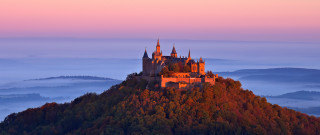 Castle fog hill trees sunset - medieval free wallpaper