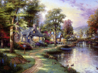 Lake house boat bridge ducks - kinkade free wallpaper for desktop
