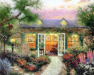 House garden pathway lamp post - american impressionism free wallpaper