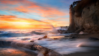 Sunset rocky beach lighthouse cliff - the cliff free wallpaper