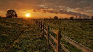 Fence field sunset clouds tree 2 - in a field free wallpaper