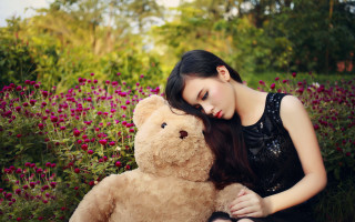 Woman flower field teddy bear - a teddy bear free wallpaper