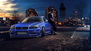 Blue car city night man - fine art free wallpaper
