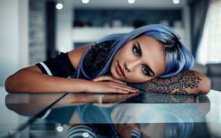 Blue hair tattoo portrait cosplay - her arm free wallpaper for desktop