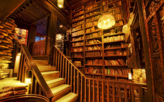 Magical library staircase bookshelf lamp - a light fixture free wallpaper