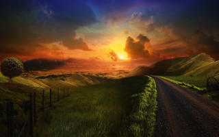 Dirt road grassy field sunset 2 - a dirt road free wallpaper