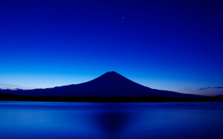 Mountain night blue sky lake - a boat in the foreground free wallpaper