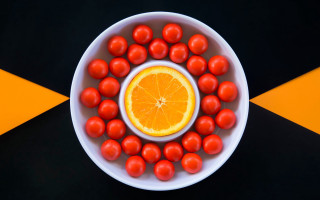 Tomatoes orange bowl striped background - golden ratio illustration free wallpaper
