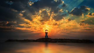 Lighthouse island sunset clouds autumn - a small island free wallpaper for desktop