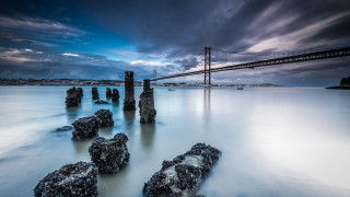 Bridge water rocks cloudy sky 2 - almada negreiro free wallpaper