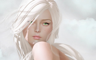 White hair green eyes clouds - realistic eye free wallpaper