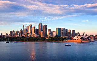 City skyline boat clouds blue - elizabeth durack free wallpaper