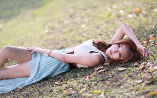 Woman smiling dress field outdoors - chen lu free wallpaper