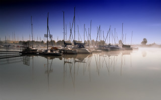 Boats harbor foggy day blue - a foggy day free wallpaper