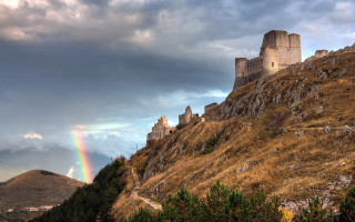 Rainbow castle hillscape medieval matte - a hill side free wallpaper for desktop