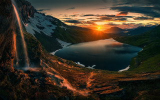 Waterfall mountain lake sunset mountains - the sun setting behind free wallpaper