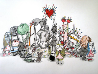 People flowers skeletons heartballoon man - a drawing of a group free wallpaper