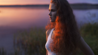 Red haired woman water sunset - long red hair free wallpaper