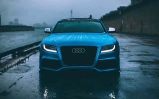 Blue car rainy street city - wet free wallpaper for desktop
