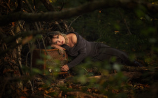 Woman forest suitcase smile cinematic - a suitcase free wallpaper