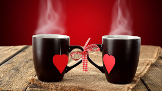 Coffee mugs hearts red background - morning free wallpaper for desktop