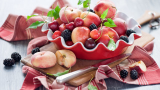 Bowl fruit cuttingboard knife fork - a cutting board free wallpaper