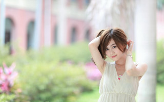White dress brown hair cosplay - chen lin free wallpaper