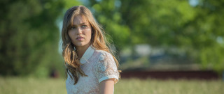 Woman white dress field trees 2 - the background and a building in the background free wallpaper