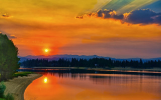 Sunset lake mountains rainbow mystical - a tree and mountains free wallpaper