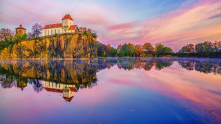 Small church island lake sunset - danube school free wallpaper for desktop