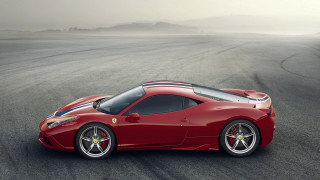 Red sports car foggy mountain - side profile free wallpaper for desktop