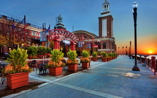 City street clock tower restaurant - hdr free wallpaper