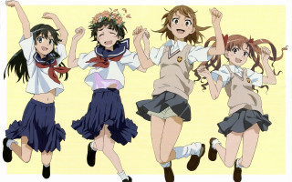 Girls jumping school uniforms arms - their hands in free wallpaper
