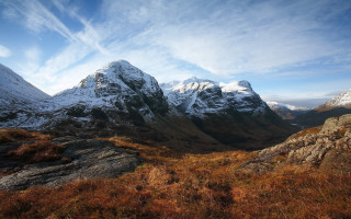 Snowy mountains grass blue sky - the background and grass free wallpaper