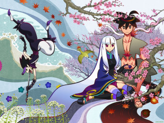 Anime couple bench tree flowers - over them free wallpaper