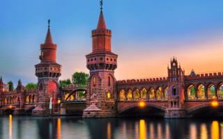 Romantic bridge clock tower sunset - a tower and a clock free wallpaper