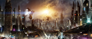 Futuristic city night lights smoke - free sci-fi wallpaper