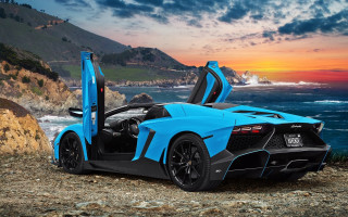 Blue sports car rocky beach - the door open free wallpaper