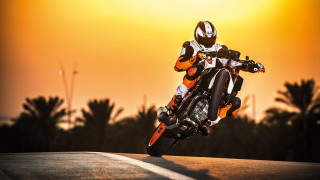 Motorcycle rider palm trees sunset - orange sky free wallpaper