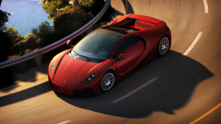 Red sports car lake bridge - winding free wallpaper