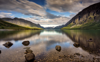 Lake mountains rocks cloudy sky 4 - under a cloudy sky free wallpaper